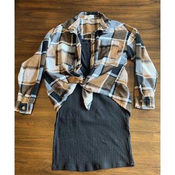 Grunge Y2K Brown Black Flannel Top & Black Dress, Sz M, Mix N Match, Fallcore - Picture 1 of 14